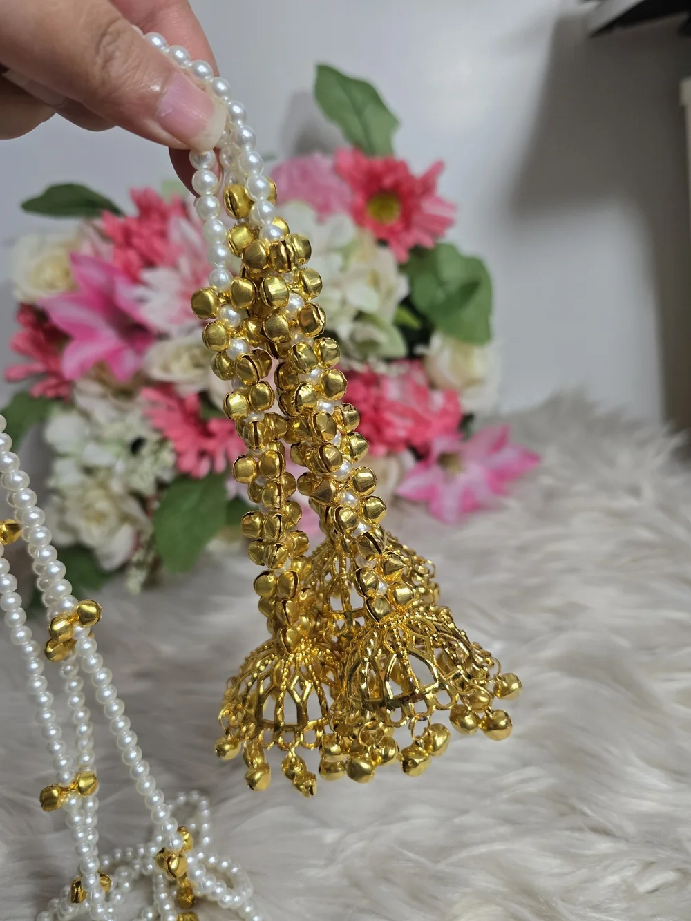 Gold & White Faux Pearl Kashmiri Paranda